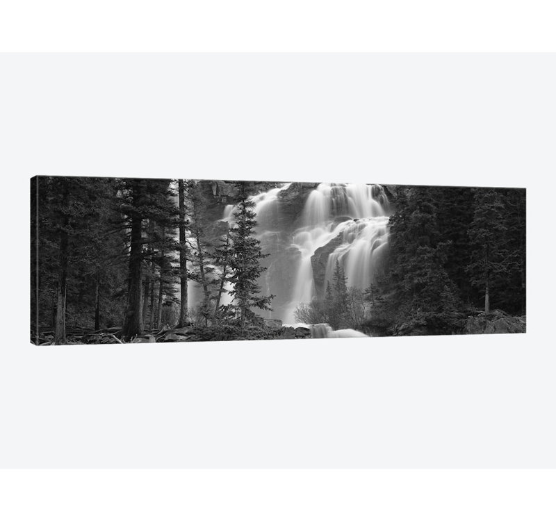 Chute d'eau dans une forêt, Banff, Alberta, Canada - Reproduction de giclée sur toile panoramique, Toile tendue