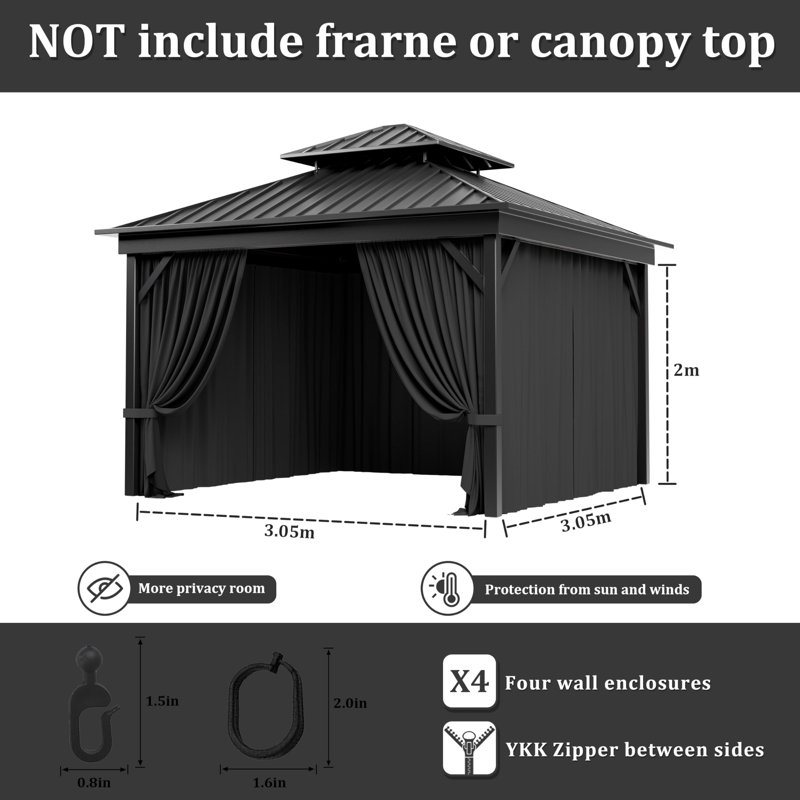 Rideaux à 4 panneaux latéraux pour pavillon de jardin, seulement rideaux, H 78,74 po x l 120 po x P 120 po, Noir