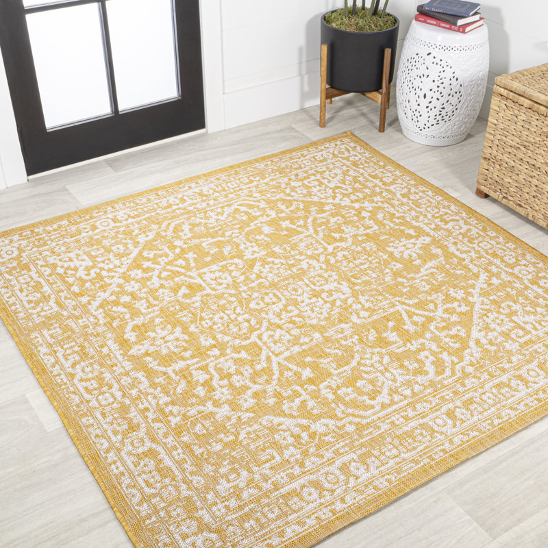 Kisha Bohemian Medallion Textured Weave Yellow/Cream Indoor/Outdoor Rug, Square 5'3"
