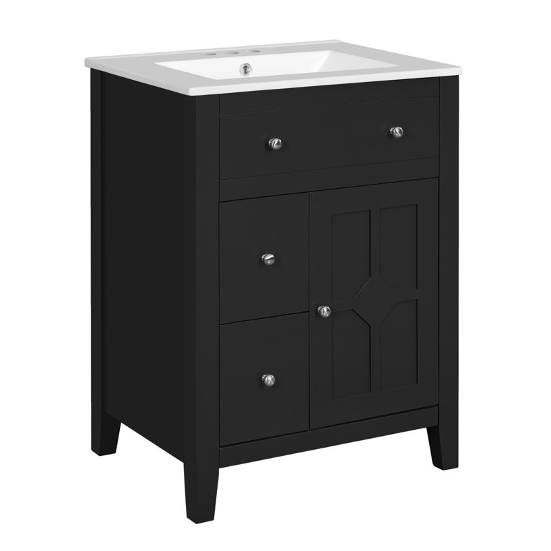Meuble-lavabo moderne 24 po avec lavabo en céramique, meuble-lavabo pour salle de bain à 2 tiroirs, Noir