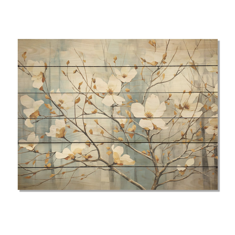 Blanc cornouiller Blossom Dreams I - art mural en bois de cornouiller sur bois de pin naturel, H 24 po x l 32 po