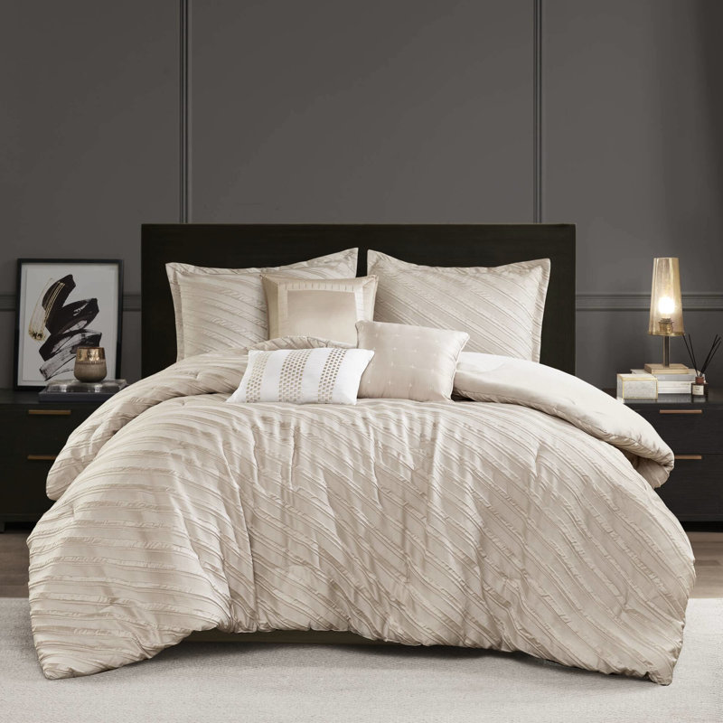 Édredon pour grand lit de luxe beige 7 pièces avec motif diagonal, rembourrage toutes saisons, jupe de lit et coussins décoratifs beige, design, chute de 15 pouces, taies décoratives