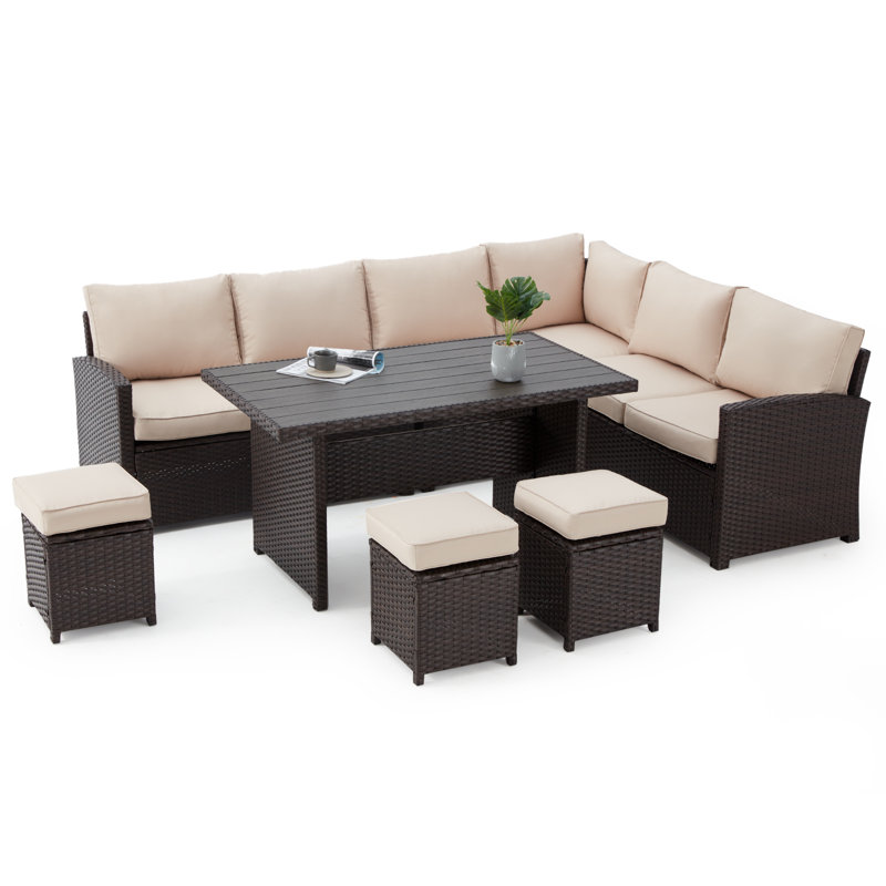 Hinesville 7 Piece Rattan Lounge Dining with Cushions, Brown Frame/Tan Cushion