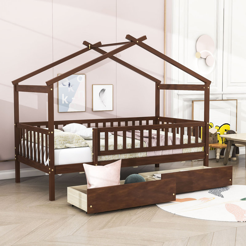Heulwen Two Drawers Wooden House Bed, Walnut, Twin