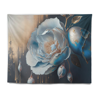 Vibrant Blue Camellia Flower I Polyester Tapestry