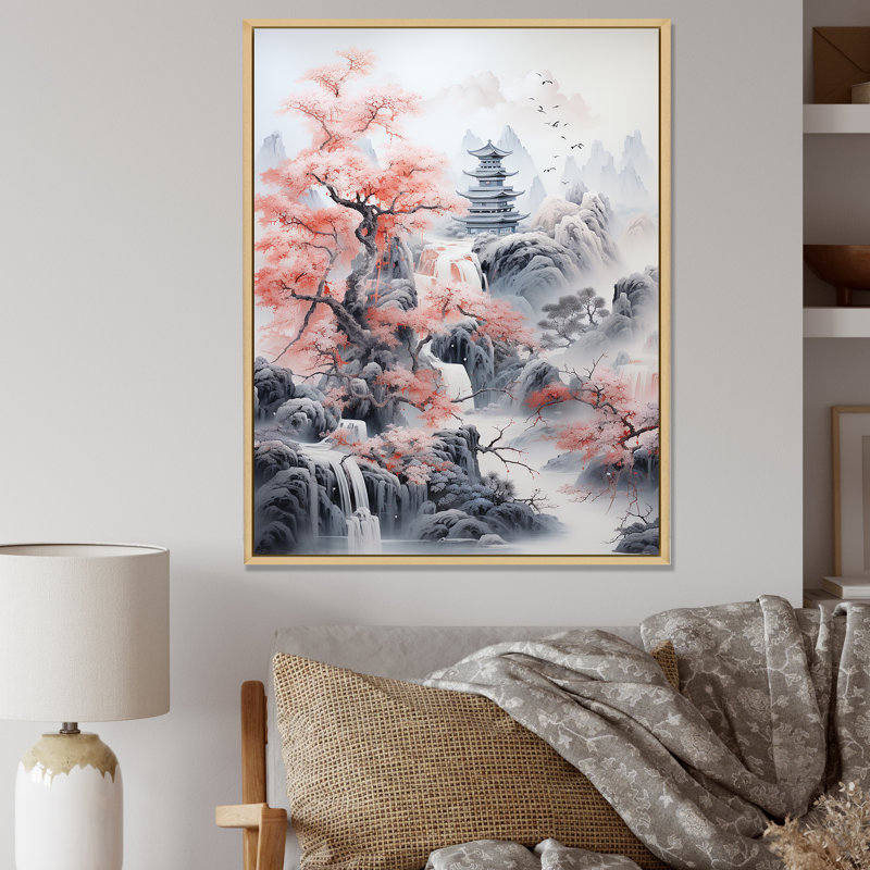 Minimalisme, paysage rose asiatique - Impression sur toile asiatique_106450, 32" H x 16" W x 1" D, Cadre naturel flottant
