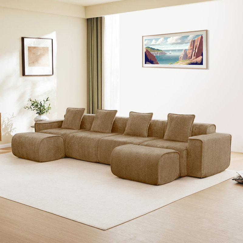 Modular 4 Seat U Shape Sectional Boneless Sofa Streamlined Design  With French Edge Piping, No Assembly Required, 4-Seat Sofa Couch With Throw Pillows And 2 Movable Ottoman, Velvet Fabric