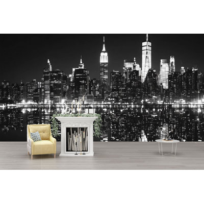 Papier peint NYC Skyline - Papier peint paysage urbain noir et blanc, décor de salon moderne Vn883 (Peel-N-Stick) VN883