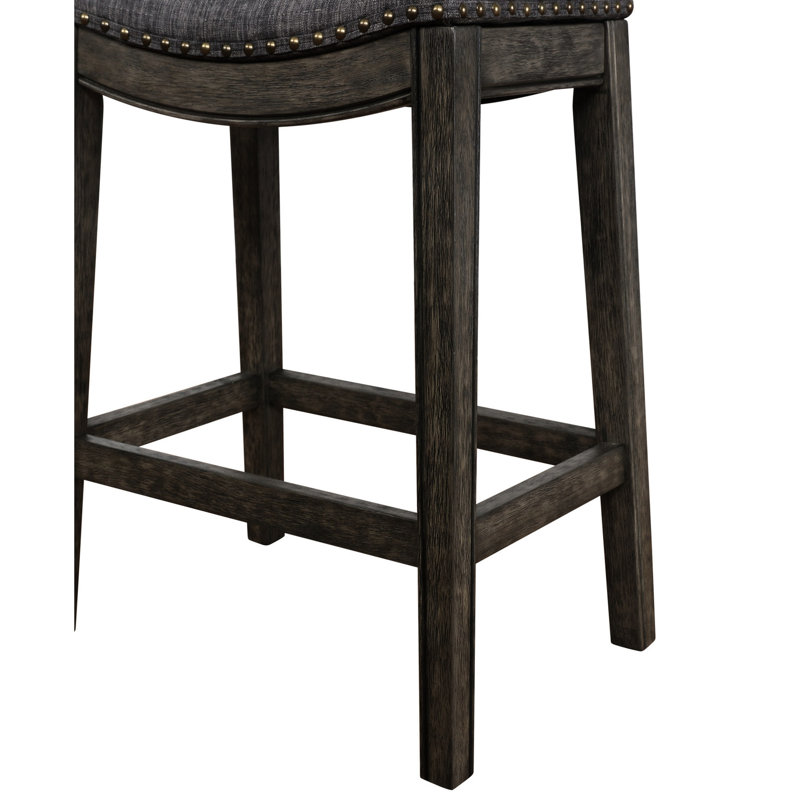 Selle rembourrée en tissu gris, 2 pièces, structure en bois massif blanchi et rembourrage doux, garniture cloutée remarquable avec siège visible