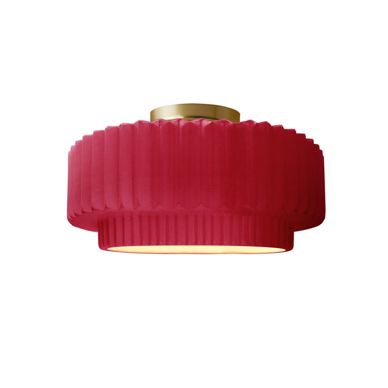 Radiance Ceramic Pleated Semi-Flush Mount, Cerise, Brushed Brass, 7" H x 12" W x 12" D