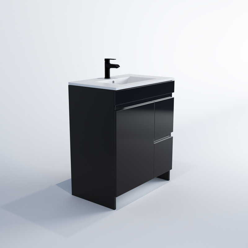 Shalem 30'' Single Bathroom Vanity with Porcelain Top, Glossy Black