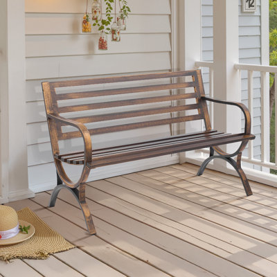 Banc d'extérieur, structure en acier au carbone de 50 pouces avec dossier à lattes et accoudoirs à bord arrondi, banc extérieur résistant aux intempéries pour patio, jardin, parc, cour, porche, bronze antique
