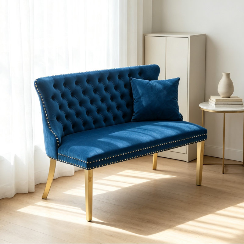 Canapé 45,6 po en velours capitonné avec dossier à oreilles et pieds en acier, Bleu, Doré