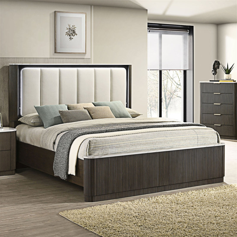 Wooden Platform Bed with Upholstered Headboard
