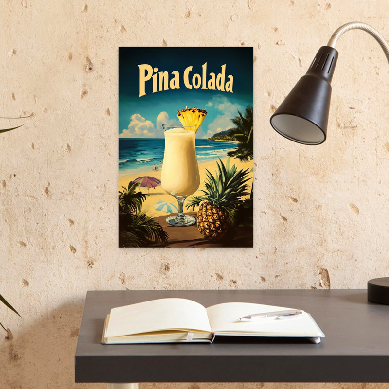 «Retro Pina Colada Beach», art abstrait rétro, palmier, plage, océan, H 18 po x l 12 po