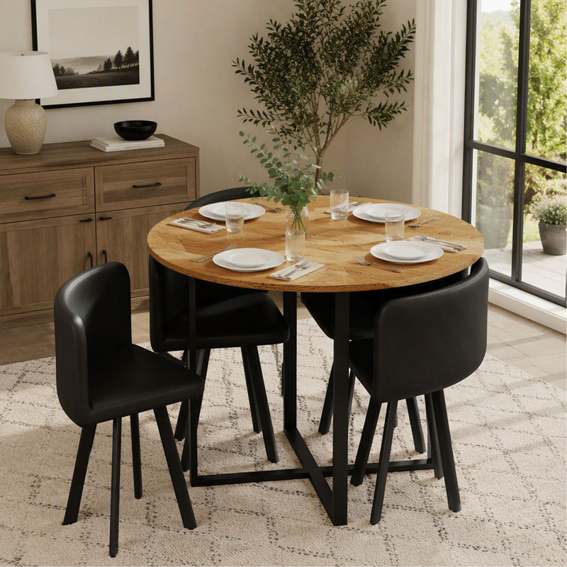 Ensemble de table à manger ronde rustique et 4 chaises en similicuir, ensemble de cuisine 5 pièces pour petits espaces, appartement et coin repas, fini grain de bois, chaises noires