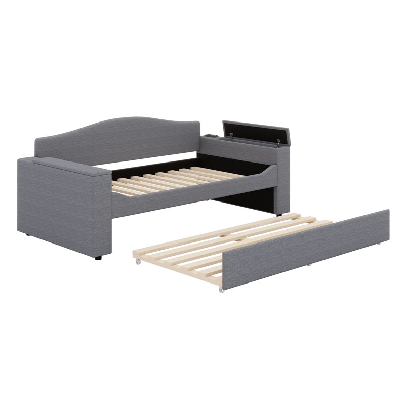 Upholstered Daybed With Storage Armrests,Trundle And Latest Integrated Bluetooth Audio System., Gray