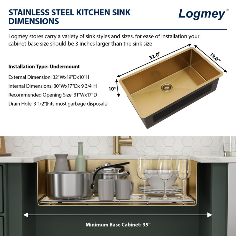 32 " L X 19" W Undermount Kitchen Sink Gold 16 Gauge Stainless Steel Kitchen Sink Single Bowl Sink