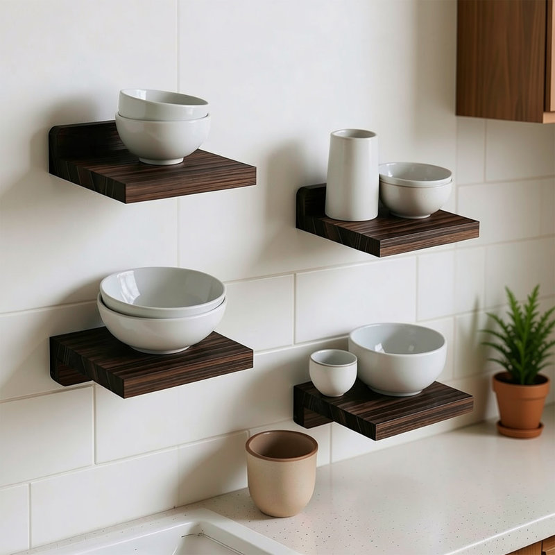 Ensemble de 4 petites tablettes flottantes murales en bois rustique de 5 x 5 pouces pour la chambre à coucher, le salon, la cuisine et la salle de bain, noir carbonisé foncé