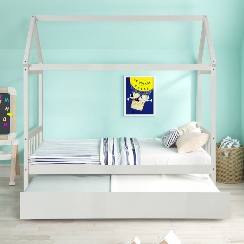 Structure de lit simple en bois massif avec lit gigogne simple de couleur blanche, aucun sommier tapissier requis