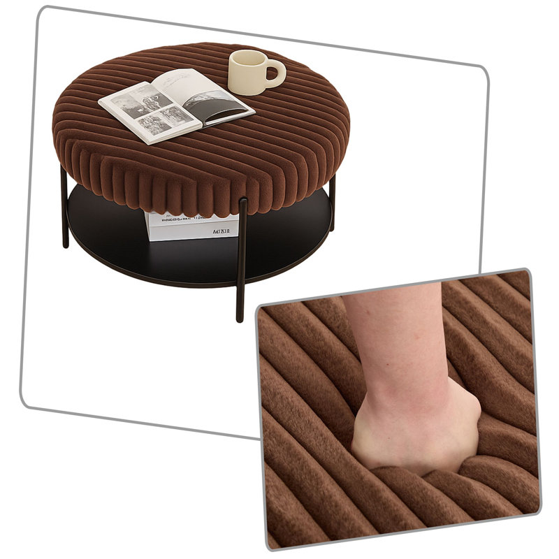 Table basse ronde avec repose-pieds rembourré et rembourré avec table de rangement et plateau de rangement, Brun