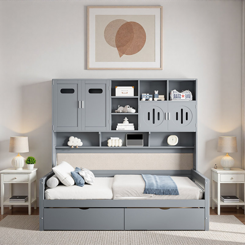 Lit de jour tout-en-un en bois avec 2 tiroirs, armoires et tablettes, Lit simple, Gris
