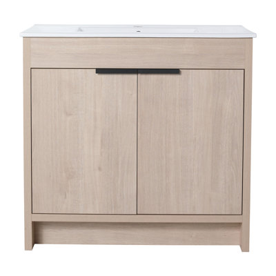 Meuble-lavabo de 36 po, autoportant, chêne brut, 2 portes avec charnières, tablette réglable, poignées en métal modernes à fermeture en douceur,
