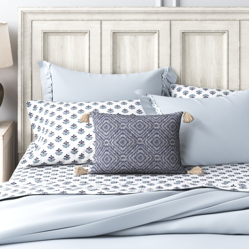 Frison Tassels Cotton Reversible Throw Pillow, Polyester/Polyfill, Blue