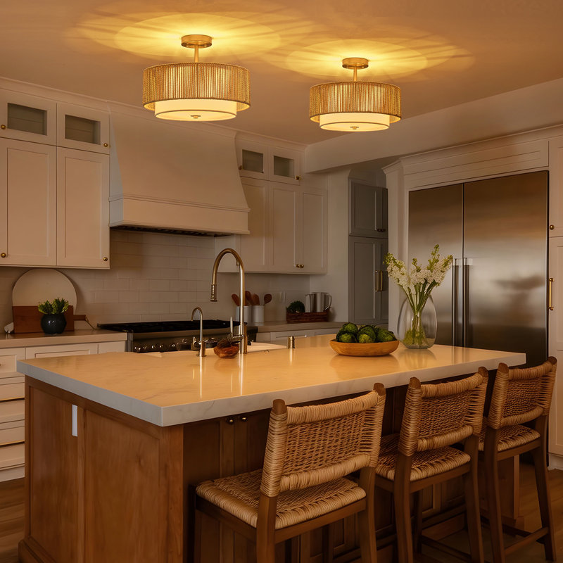 15.75" 3-Light 2-Tier Rope Drum Semi-Flush Ceiling Light