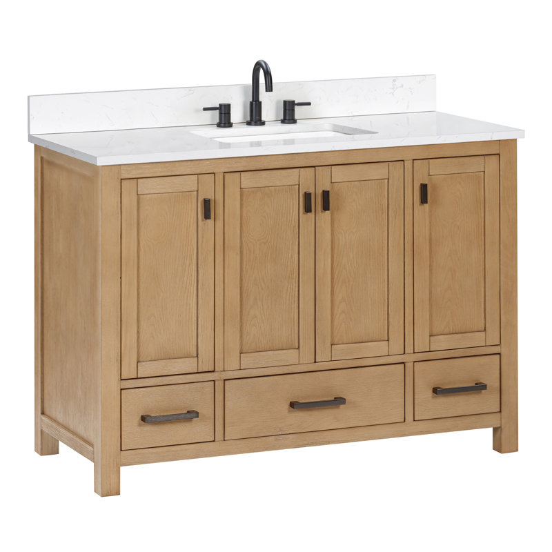 Modero 48" Single Bathroom Vanity with Top, Cala White Marble, Brushed Oak, Black