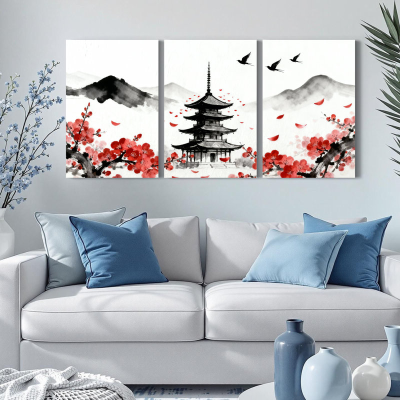 Pagode japonaise et fleur de cerisier, reproduction d'art sur toile, ensemble de 3 encres traditionnelles, H 30 po x l 60 po