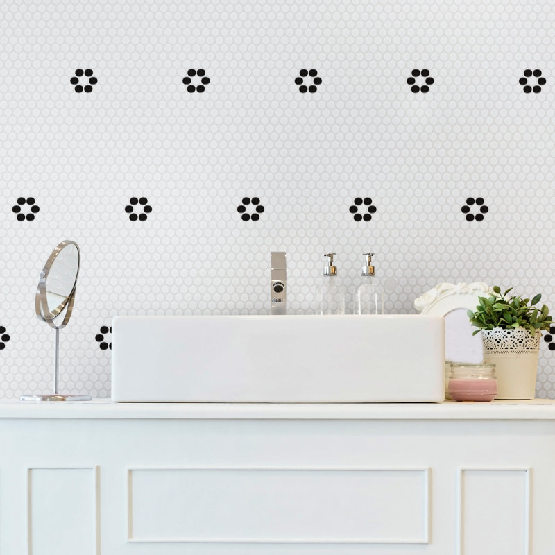 Metro Penny Metro Penny Matte White with Black Flower 9-3/4" x 11-1/2" Porcelain Mosaic Floor and Wall Tile