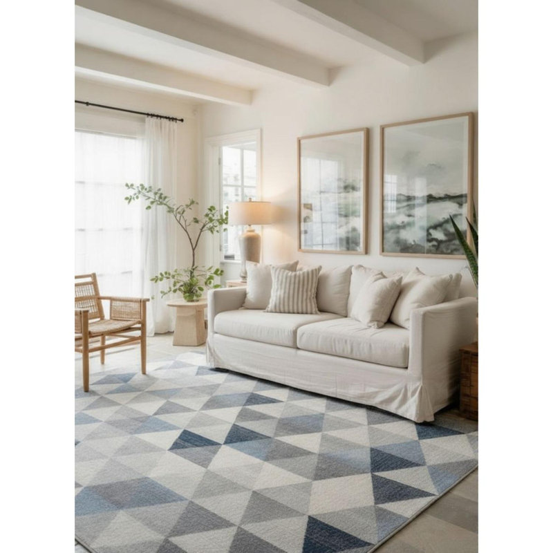 Rug Branch Eldin 2' x 12' (2'3" x 12')  Blue/Beige Geometric Indoor Runner Rug, Contemporary, Low Pile, Stain-Resistant Hallway Carpet - Entryway, Mudroom, Bedroom, and Kitchen