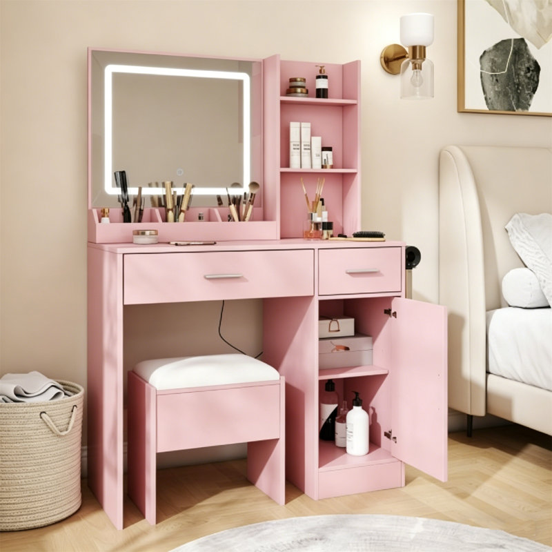 Meuble-lavabo moderne avec miroir lumineux et tabouret à DEL, coiffeuse à 4 tiroirs avec éclairage à intensité variable de 3 couleurs, ensemble de meuble-lavabo peu encombrant pour la chambre à coucher