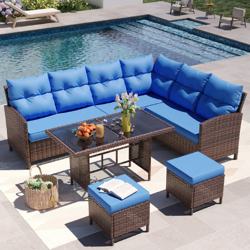 6-Piece Outdoor Wicker Patio Sofa Set With Dining Table, Blue, Brown