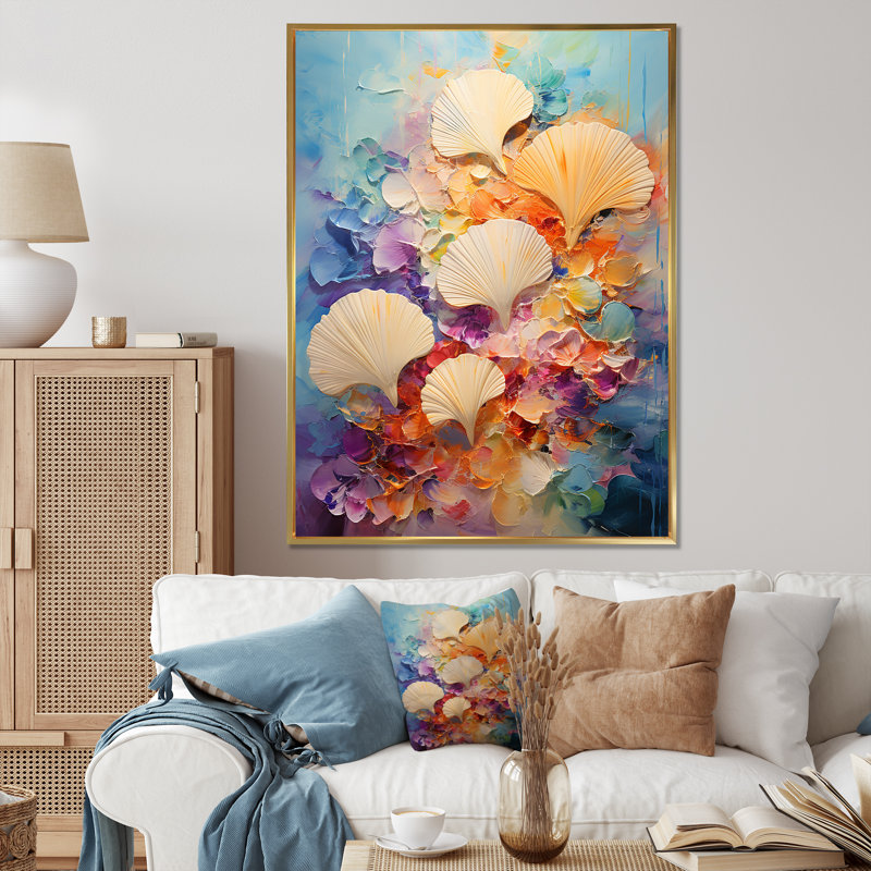 «Dedorah Abstract Ocean Seashell Collage», reproduction, H 32 po x l 16 po x P 1 po, Cadre flottant doré