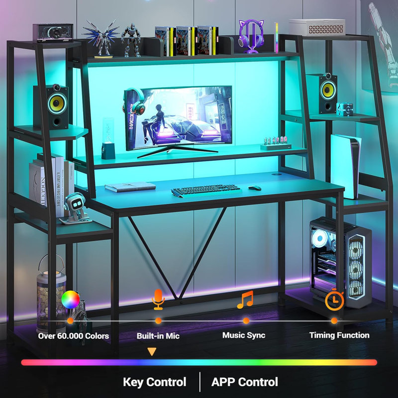 Black 65.7'' Gaming Desk with LED Lights and Hutch