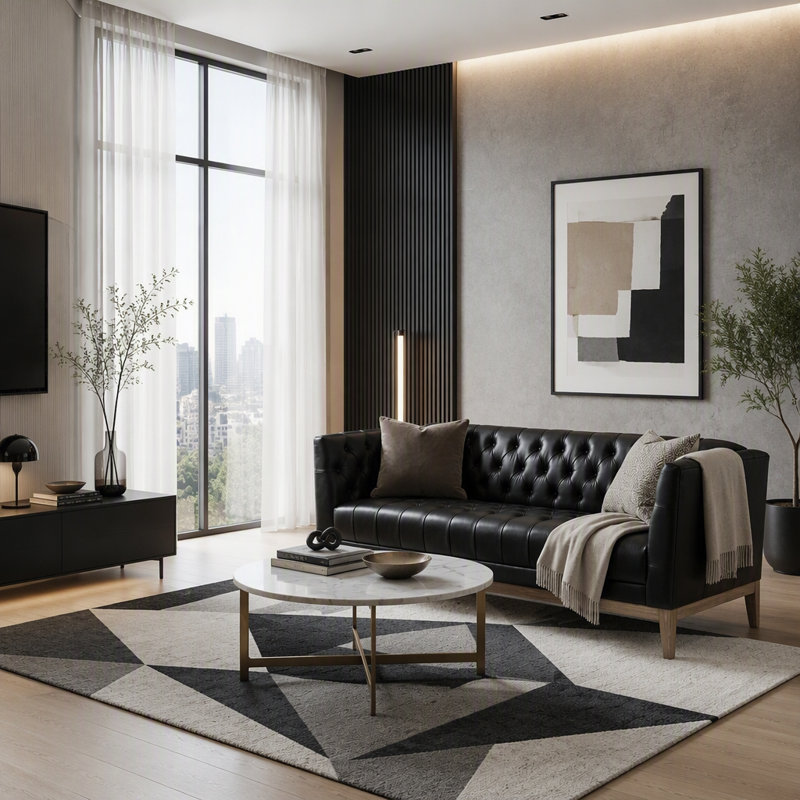 Canapé Chesterfield 79,1 po Mid-Century, Black Faux Leather