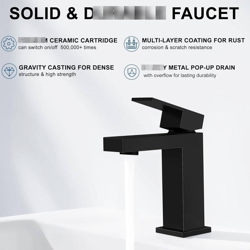 Robinet de lavabo pour salle de bain à poignée simple noir mat, construction en laiton massif, corrosion, fonction d'économie d'eau, robinet à motif d'écoulement sans éclaboussures avec bonde escamotable, matériau, économie d'eau à 20%, levier pour