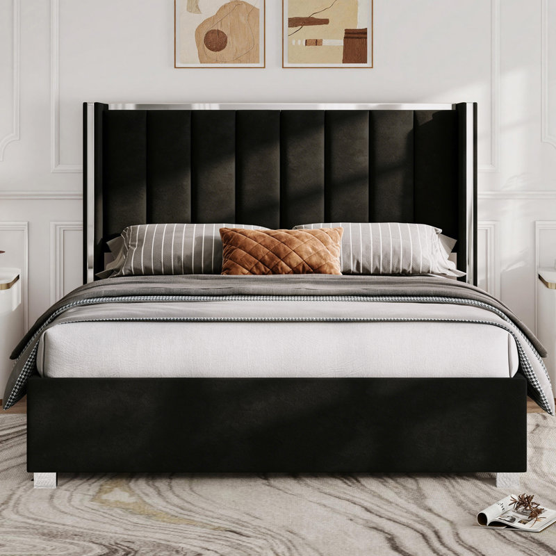 Modern Velvet Upholstered Wingback Bed With Vertical Channel Tufted Headboard, Kingsize (5'), Black