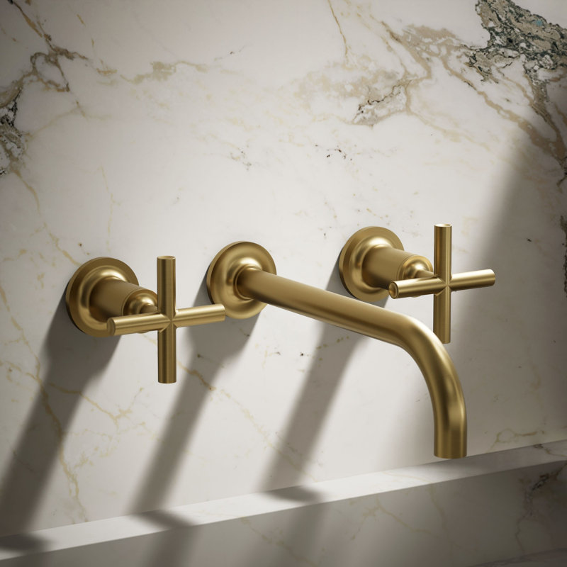 Robinet de salle de bain à montage mural Purist®, Laiton brossé moderne éclatant, Poignées croix
