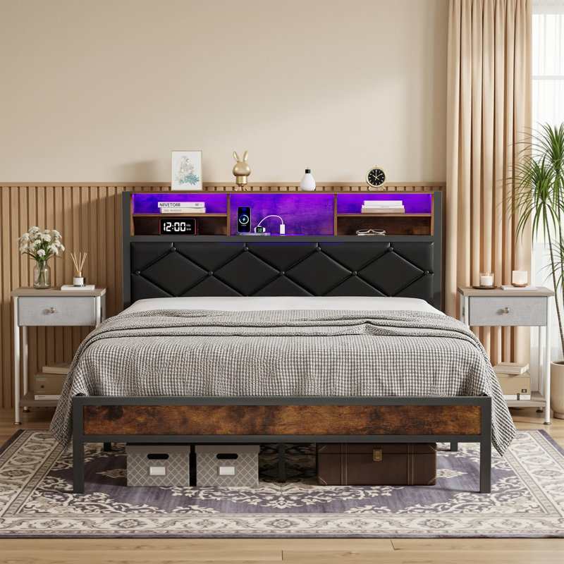 Ensemble de chambre à coucher rembourrée, lit plateforme avec éclairage à DEL et 2 tables de chevet, tête de chargement USB / Type-C, lit de rangement, assemblage facile