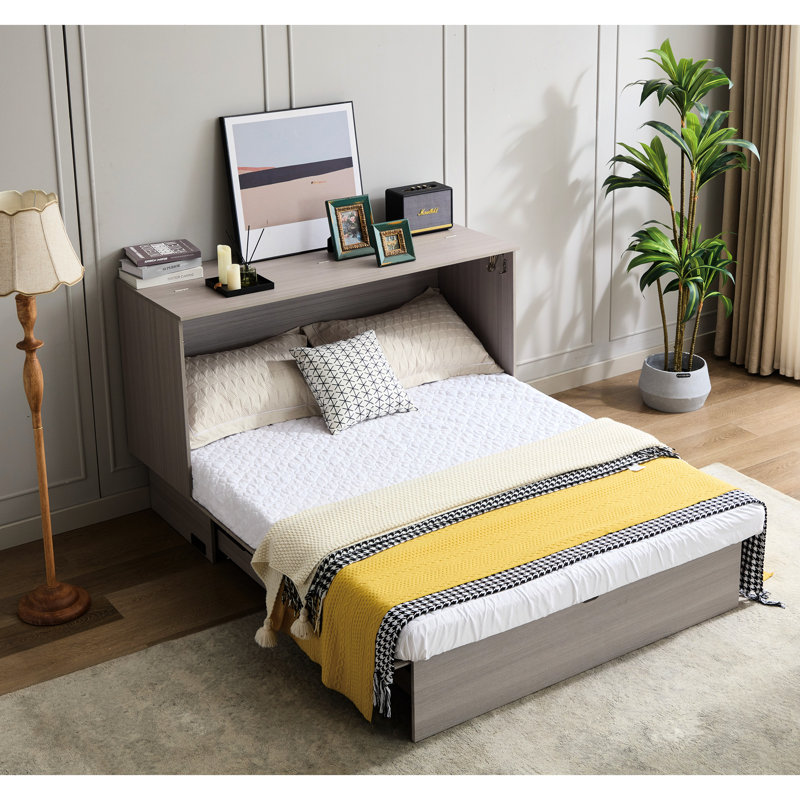 Grand lit avec rangement, matelas en mousse pliable et borne de charge, lit convertible gris, fonction de rangement, quai