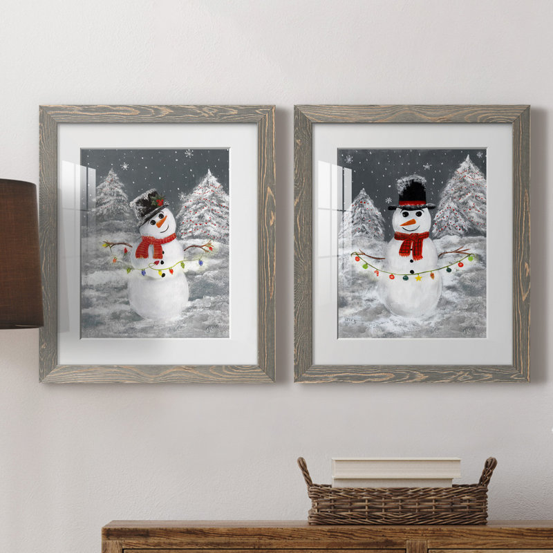 Festive Snowman I - ensemble de 2 reproductions d'art, Blanc, H 24 po x l 36 po x P 1,5 po, Cadre en papier gris