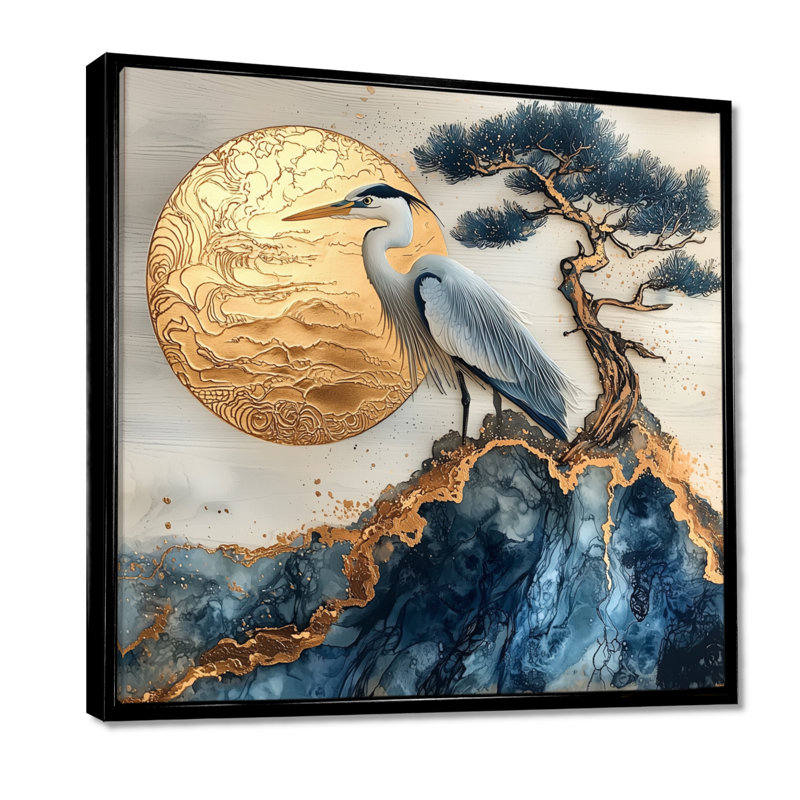 Aubreana héron à l'encre de chine dorée paysage IV - héron, art mural, H 36 po x l 36 po, Noir, noir, noir, noir