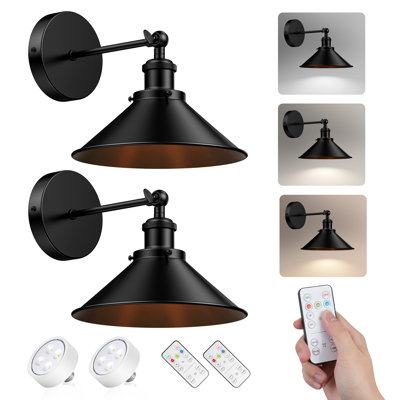 2 Pack Swing Arm Wall Sconces with Remote, Wireless Wall Lamp with Bulb, Industrial Black Iron Lampshade Wall Lighting Fixture for Bedroom, Living Room, Hallway