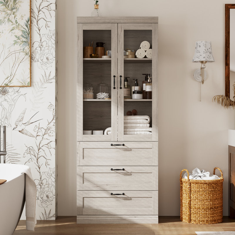 Bathroom Storage Cabinet With Tempered Glass Doors, Farmhouse Style For Bathroom Organization