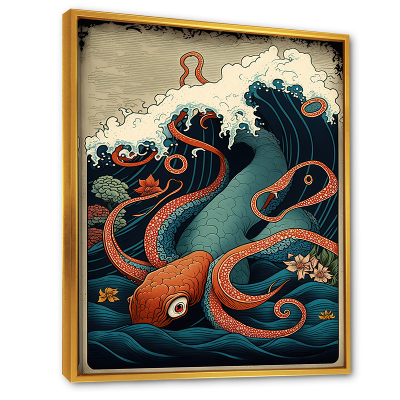 " Japanese Landscape With Octopus II ", 32" H x 16" W x 1" D, Gold Floater Framed  Canvas