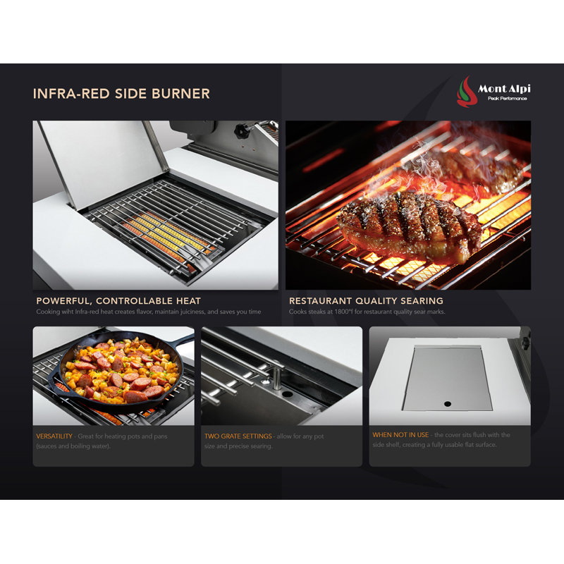 Îlot de cuisine modulaire en acier inoxydable de luxe avec réfrigérateur 107 po x l 32 po x 4 po + brûleur latéral + comptoirs en granite + armoires et tiroirs de rangement + couvercle + convertible au gaz naturel + Garantie à vie