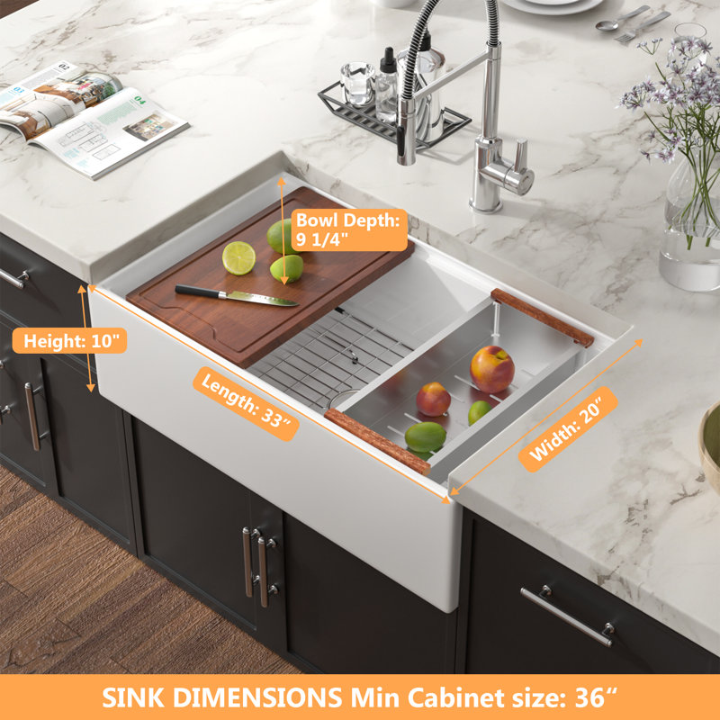33"L x 20"W Workstation Ceramic Kitchen Sink Farmhouse Apron Single Bowl Kitchen Sink, Brushed Strainer